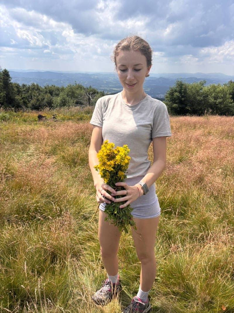 Natalia z bukietem dziurawca na łące